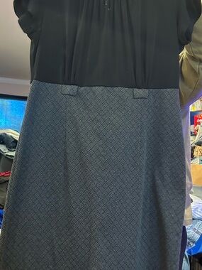 Voir Voir Black Top Navy Patterned Midi Dress